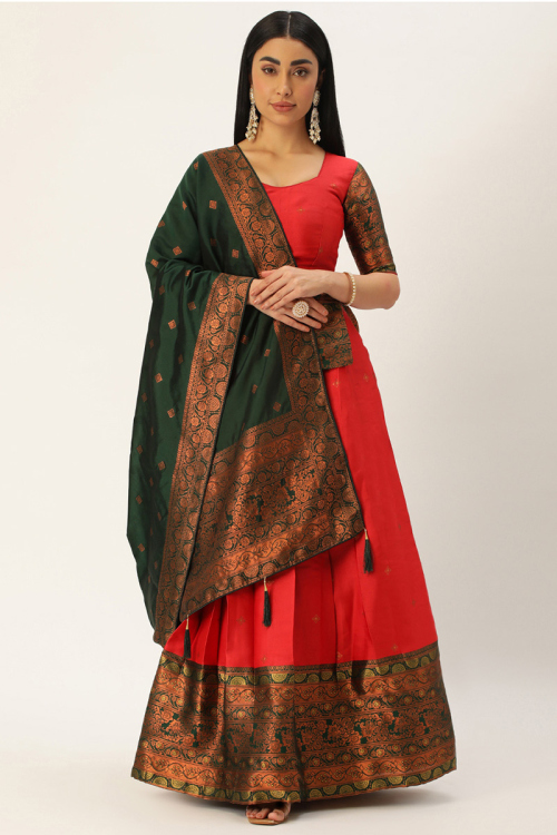 Red Woven Zari Silk Pleated Lehenga