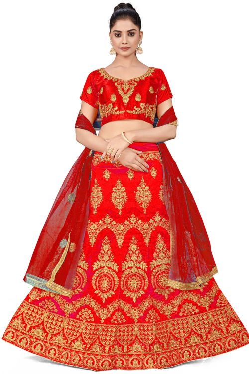 Red Zari Embroidered Silk Lehenga For Sangeet 