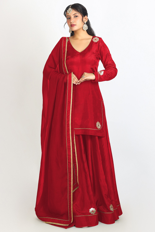 Deep Red Soft Silk Embroidered Flared Style Lehenga
