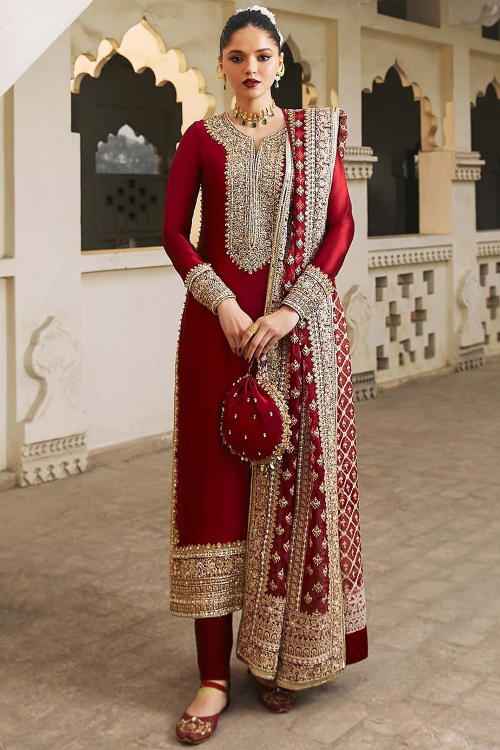 Embroidered Deep Red Silk Straight Cut Trouser Suit