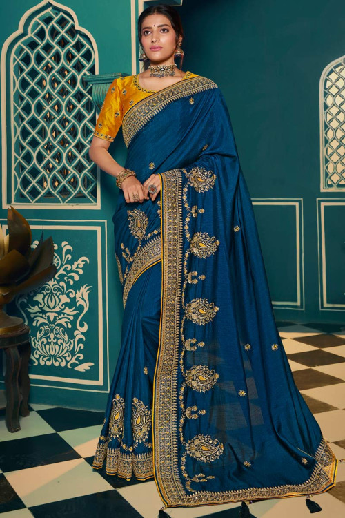 Bluish Grey Silk Saree With Banglori Silk Blouse