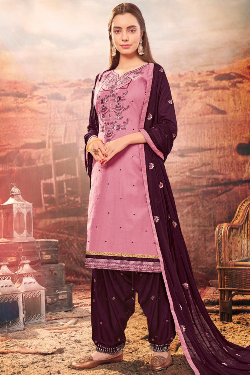 Resham Embroidered Cotton Rose Pink Patiala Suit