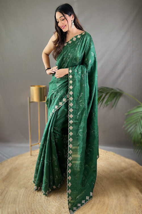 Resham Embroidered Dark Green Silk Light Weight Saree