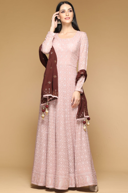 Resham Embroidered Dupion Light Peach Anarkali Suit for Eid