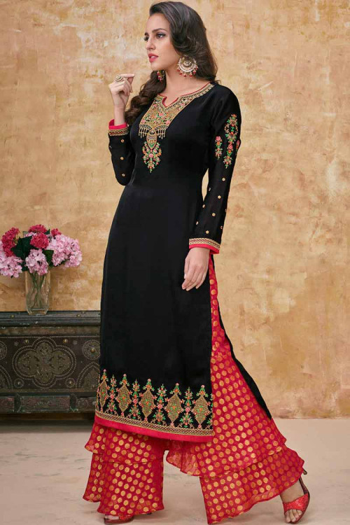 Buy Resham Embroidered Georgette Black Palazzo Pant Suit Online ...