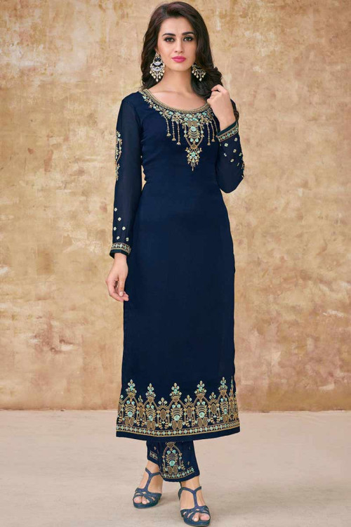 Buy Resham Embroidered Georgette Cigarette Pant Suit In Navy Blue Color ...