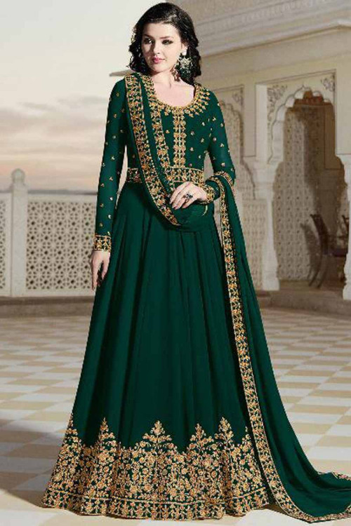 Resham Embroidered Georgette Dark Green Anarkali Suit