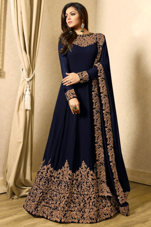 Georgette Navy Blue Eid Anarkali Suit With Copper Dori Work