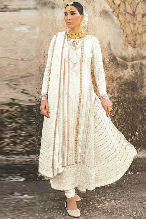 Resham Embroidered Georgette Off White Churidar Suit