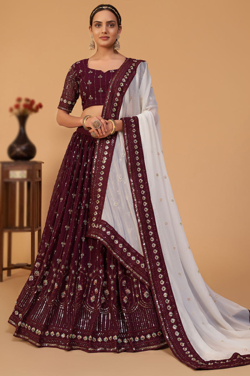 Resham Embroidered Georgette Wine Maroon Lehenga