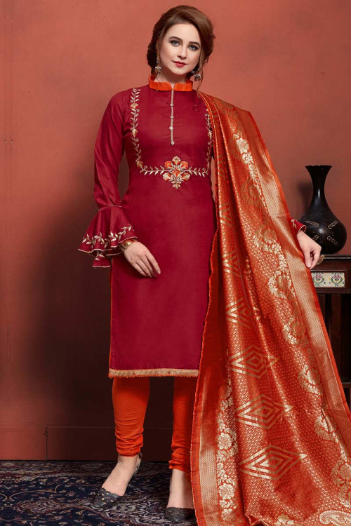 Resham Embroidered Khadi Cotton Cherry Red Churidar Suit