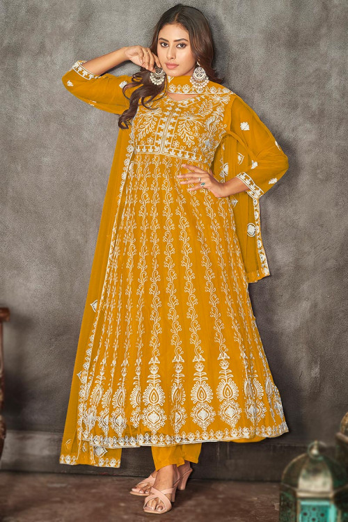 Resham Embroidered Mustard Yellow Net Anarkali Suit