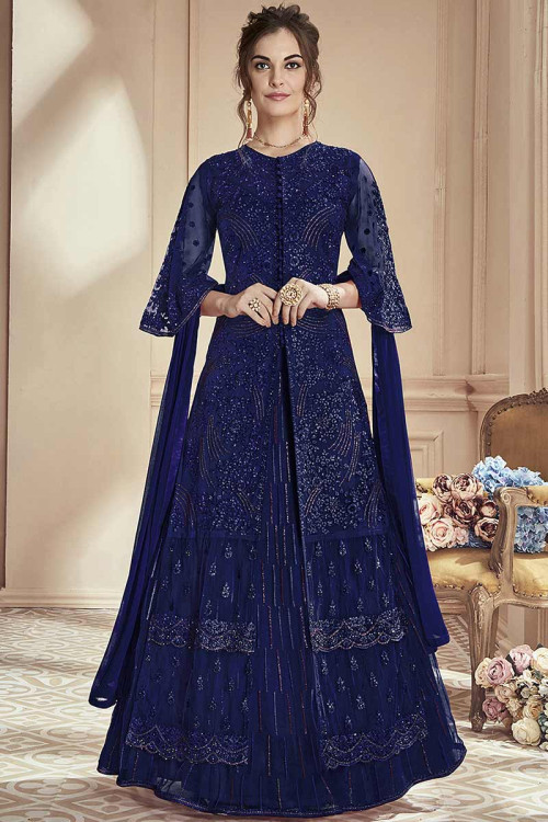 Resham Embroidered Net Anarkali Suit in Dark Blue Color