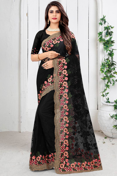 Resham Embroidered Net Black Party Wear Saree