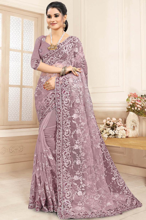 Resham Embroidered Net Lavender Pink Saree