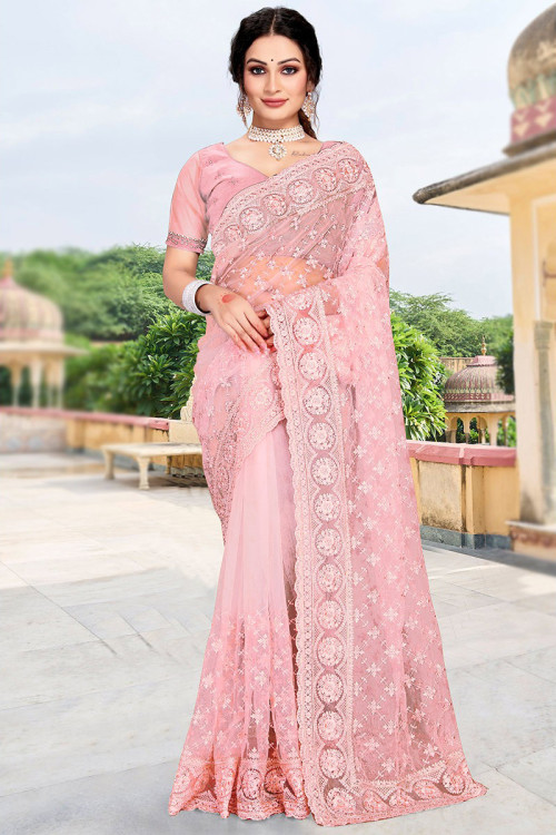 Stone Work Light Pink Saree in Net for Party 