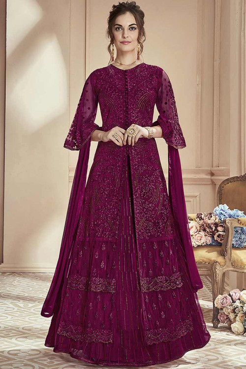 Resham Embroidered Net Plum Purple Anarkali Suit
