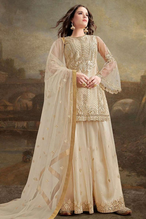Buy Cream Slub Silk Patiala Suit With Dupatta Online - 1868 | Andaaz Fashion