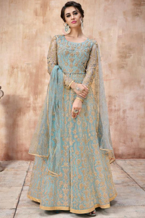 Resham Embroidered Net Sky Blue Anarkali Suit