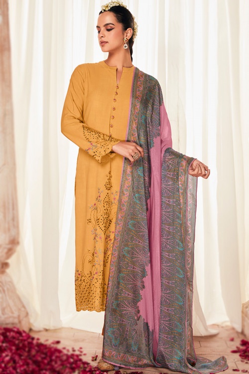 Resham Embroidered Rayon Mustard Yellow Straight Cut Suit
