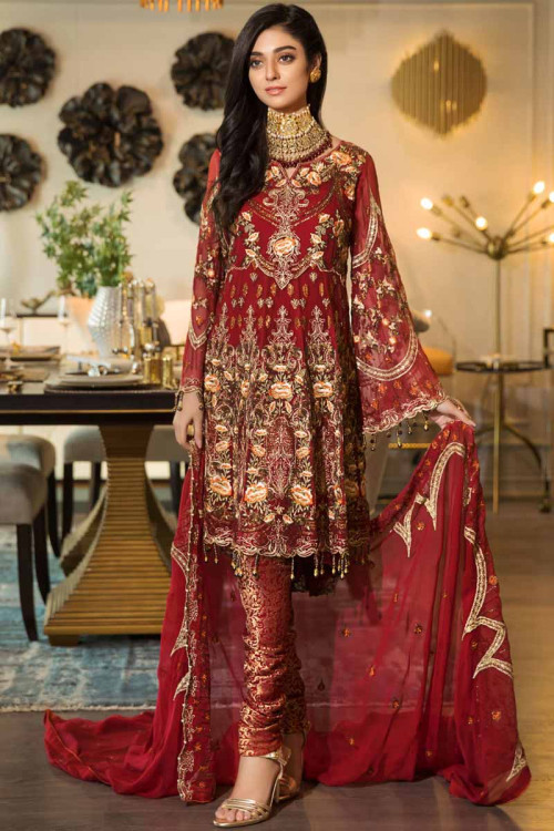 Resham Embroidered Red Churidar Suit