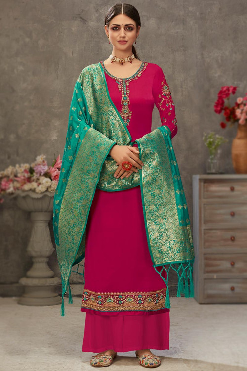 Resham Embroidered Satin Ruby Pink Trouser Suit