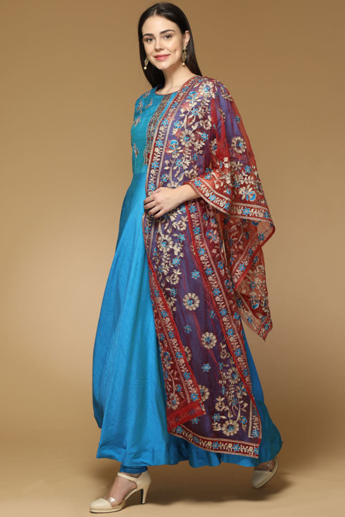 Banglori Silk Azure Blue Anarkali Suit With Resham Work