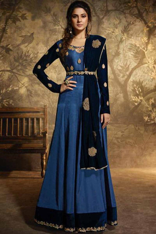 Resham Embroidered Silk Cerulean Blue Anarkali Suit