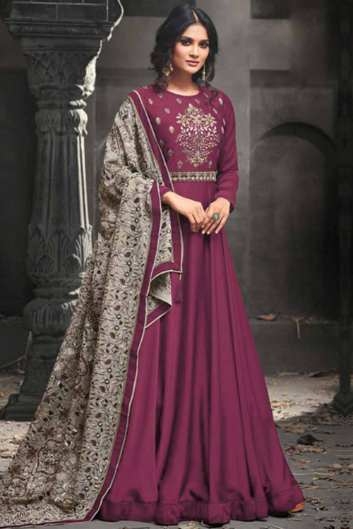 Resham Embroidered Silk Tyrian Purple Color Anarkali Suit for Eid