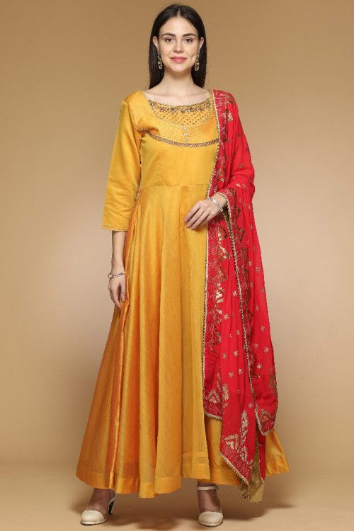 Resham Embroidered Silk Mustard Yellow Anarkali Suit