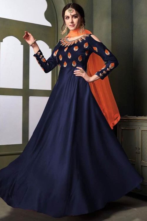 Resham Embroidered Taffeta Silk Navy Blue Anarkali Suit