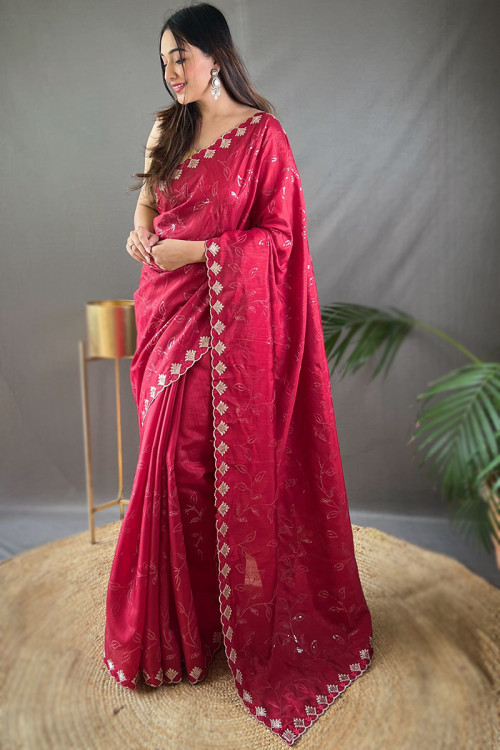 Resham Embroidered Silk Ruby Red Light Weight Saree