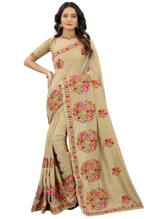 Resham Embroidered Soft Silk Beige Saree