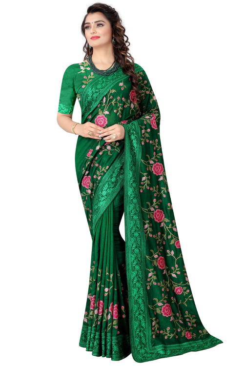 Resham Embroidered Soft Silk Green Saree