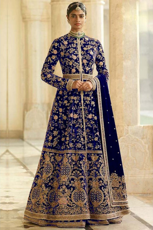 Resham Embroidered Velvet Dark Blue Anarkali Suit with Skirt