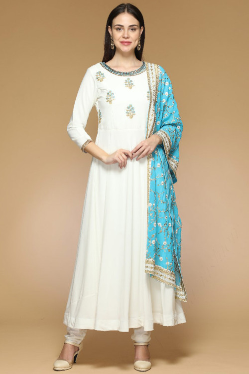 Off White Silk Anarkali Suit With Zari Work 
