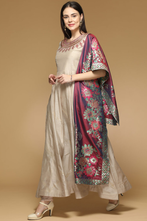 Resham Silk Embroidered Beige Anarkali Suit