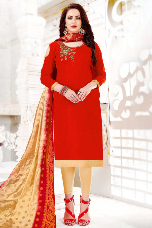 Cotton Indian Churidar Salwar Kameez In Red Colour