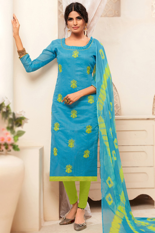 Online Sale Churidar Legging Suit in Navy Blue Embroidered Fabric