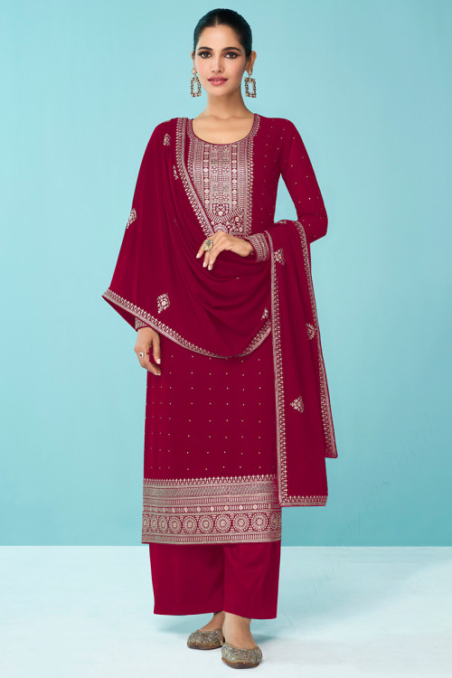 Resham Thread Embroidered Georgette Deep Red Palazzo Suit