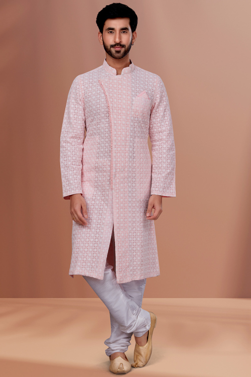 Resham Thread Embroidered Georgette Light Pink Men Sherwani