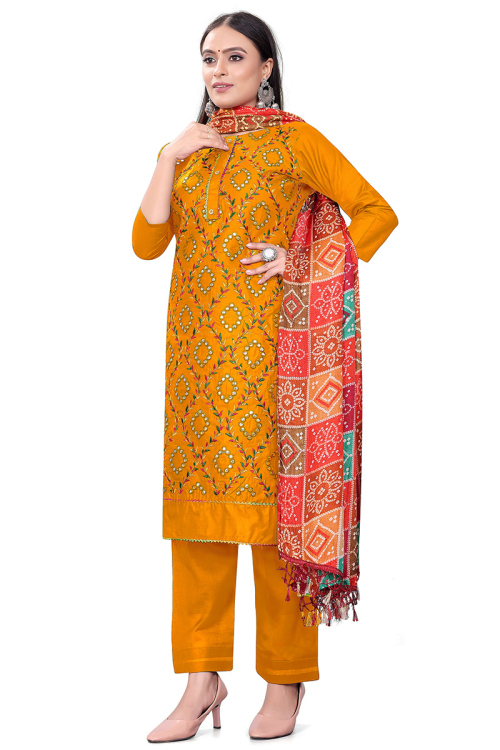 Resham Thread Embroidered Mustard Yellow Straight Cut Suit