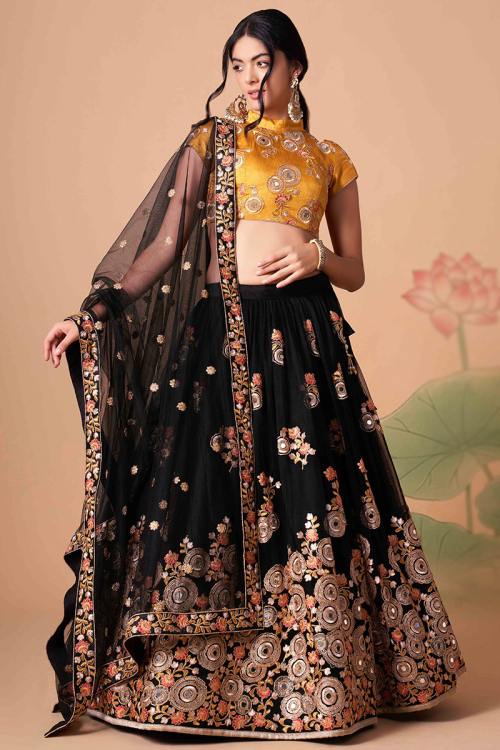 Resham Thread Embroidered Net Black Lehenga