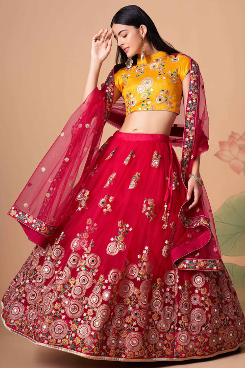 Resham Thread Embroidered Net Cherry Red Lehenga