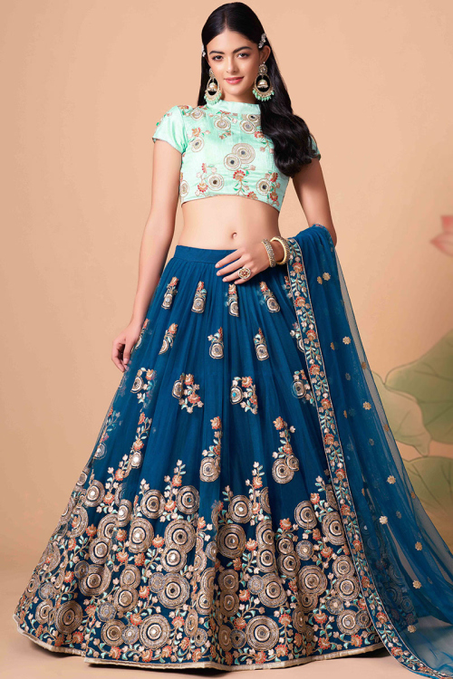 Resham Thread Embroidered Net Sea Blue Lehenga