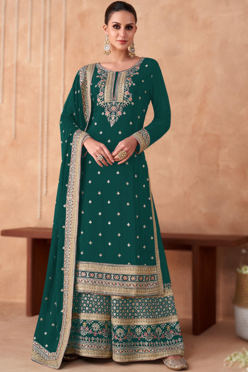 Resham Thread Embroidered Peacock Green Palazzo Suit
