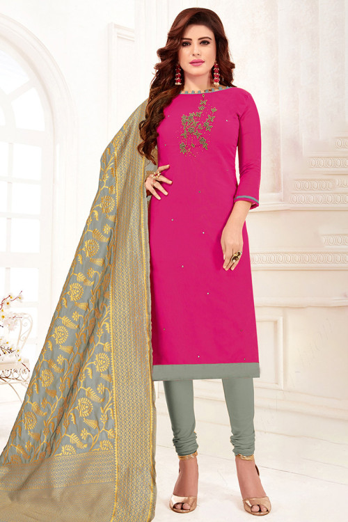 Resham Thread Embroidered Poly Cotton Hot Pink Churidar Suit
