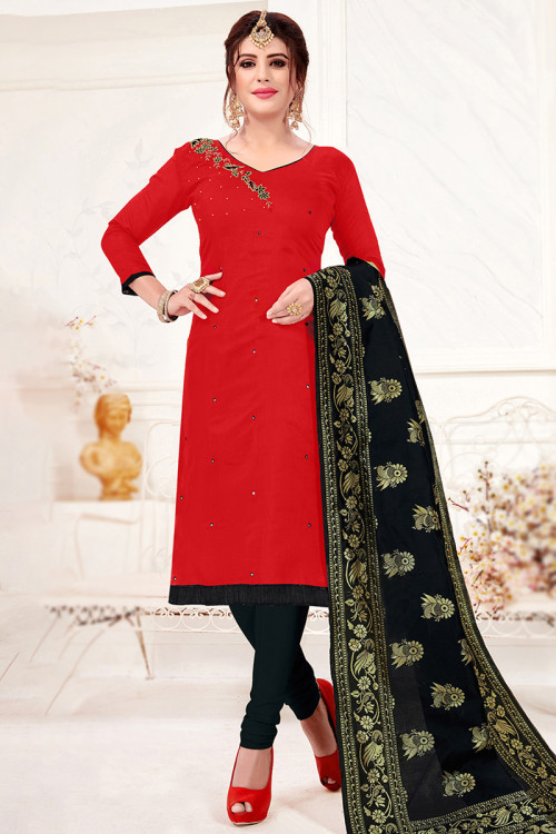Resham Thread Embroidered Poly Cotton Red Churidar Suit