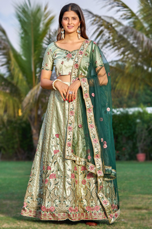 Resham Thread Embroidered Satin Lehenga In Pistachio Green