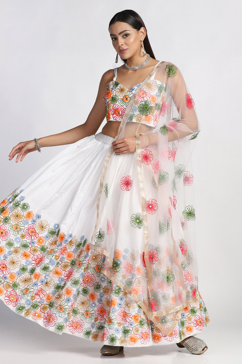 Resham Thread Embroidered Silk White Flared Style Lehenga